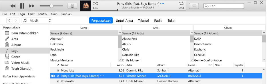 Jendela utama iTunes: Browser kolom berada di sisi kanan bar samping dan di atas daftar lagu.