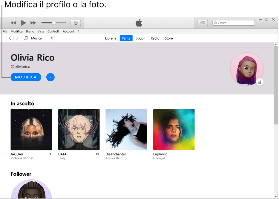 La pagina del profilo su Apple Music: Nell’angolo superiore sinistro sotto al tuo nome, fai clic su Modifica per modificare il profilo o la foto.