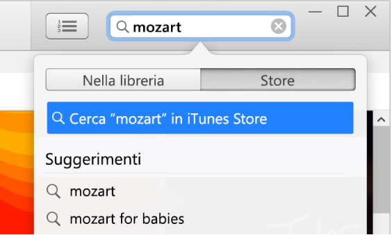 Campo di ricerca in cui è stata inserita la voce “Mozart”. Nel menu di scelta rapida con i risultati di ricerca, viene selezionata l’opzione Store.