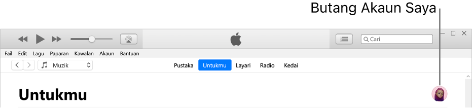 Halaman Untuk Anda dalam Apple Music: Di penjuru kanan atas ialah butang Akaun Saya.