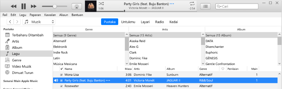 Tetingkap utama iTunes: Pelayar lajur di sebelah kanan bar sisi dan di atas senarai lagu.