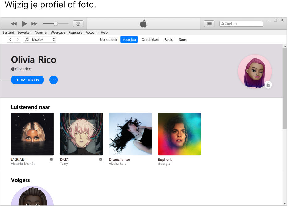 De profielpagina in Apple Music: Klik linksbovenin onder je naam op de knop 'Bewerken' om je profiel of foto te wijzigen.