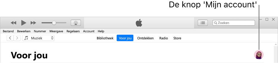 De pagina 'Voor jou' in Apple Music: Rechtsbovenin vind je de accountknop.