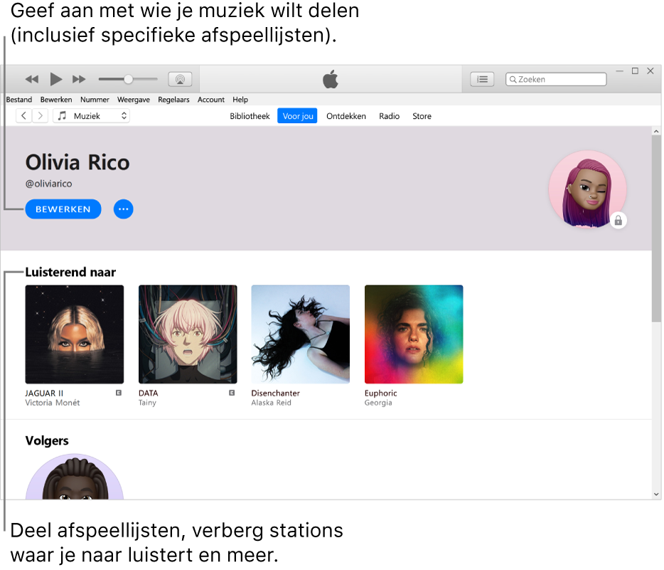 De profielpagina in Apple Music: Klik linksbovenin onder je naam op de knop 'Bewerken' om aan te geven met wie je muziek wilt delen. Onder het kopje 'Luistert naar' staan alle albums waar je naar luistert. Via de knop 'Meer' kun je onder andere stations waar je naar luistert verbergen en afspeellijsten delen.
