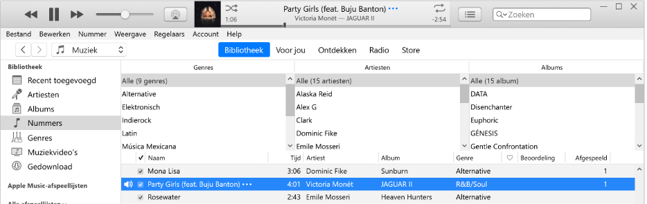 Het hoofdvenster van iTunes: De kolombrowser bevindt zich aan de rechterkant van de zijbalk, boven de lijst met nummers.