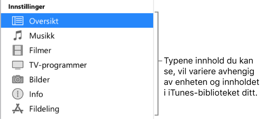 Oversikt er markert i sidepanelet til venstre. De ulike typene innhold som vises, avhenger av enheten og innholdet i iTunes-biblioteket ditt.