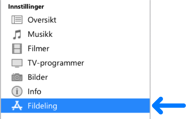 Klikk på Fildeling i Innstillinger på enheten for å overføre filer mellom datamaskinen og enheten.