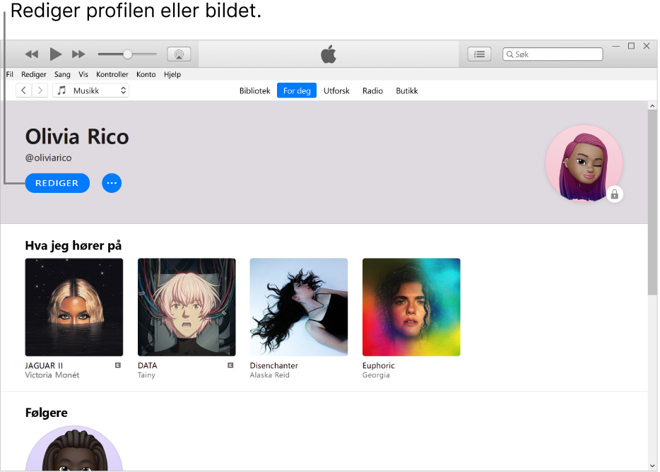Profilsiden i Apple Music: Oppe i venstre hjørne under navnet ditt klikker du på Rediger for å redigere profilen din eller bildet ditt.