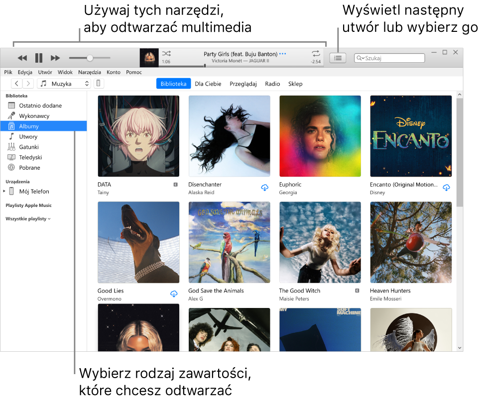 Okno główne biblioteki iTunes: W nawigatorze wybierz typ multimediów, które chcesz odtwarzać (na przykład Muzyka). Używaj tych narzędzi na górnym banerze do odtwarzania swoich multimediów i używaj menu Następny po prawej stronie do wyświetlania biblioteki na różne sposoby.