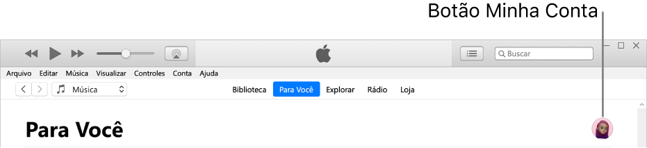 Página “Para Você” no Apple Music: No canto superior direito encontra-se o botão Minha Conta.