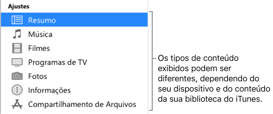 Resumo está selecionado na barra lateral à esquerda. Os tipos de conteúdo que aparecem podem variar, dependendo do seu dispositivo e do conteúdo da sua biblioteca do iTunes.