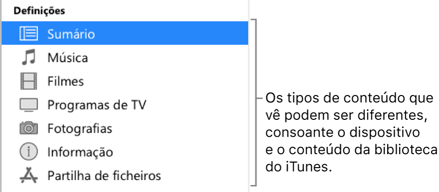 Sumário selecionado na barra lateral à esquerda. Os tipos de conteúdo que aparecem variam consoante o dispositivo e o conteúdo da biblioteca do iTunes.