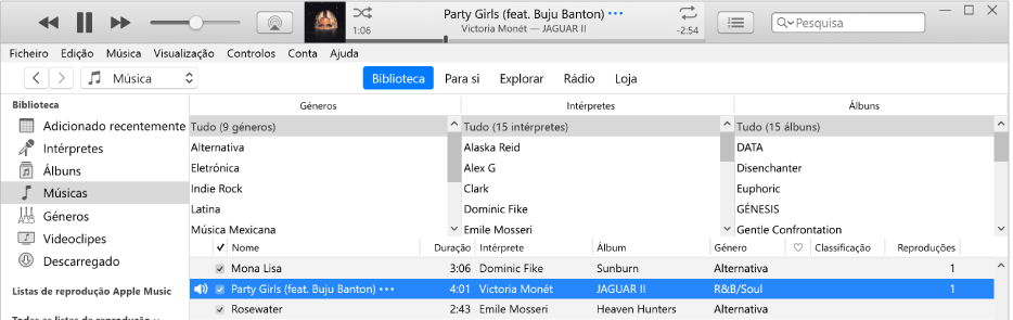 A janela principal do iTunes: o navegador em colunas aparece à direita da barra lateral, por cima da lista de músicas.
