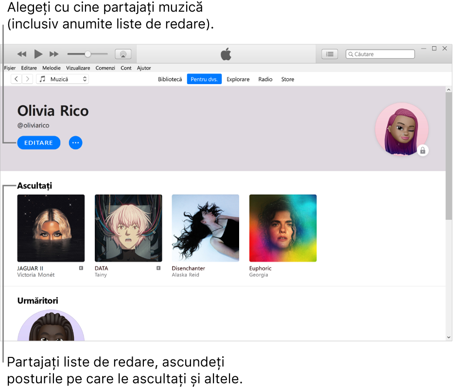 Pagina de profil din Apple Music: În colțul din stânga sus, sub numele dvs., faceți clic pe Editați pentru a alege cu cine partajați muzică. Toate albumele pe care le ascultați se află sub antetul Ascultați acum și puteți face clic pe butonul Mai multe pentru a ascunde posturile pe care le ascultați, a partaja liste de redare și altele.