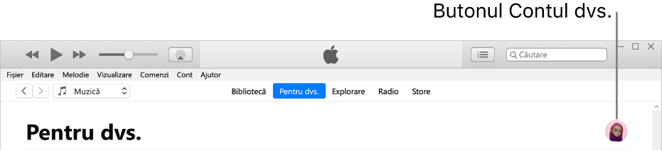 Pagina “Pentru dvs.” din Apple Music: În colțul din dreapta sus se află butonul Contul dvs.