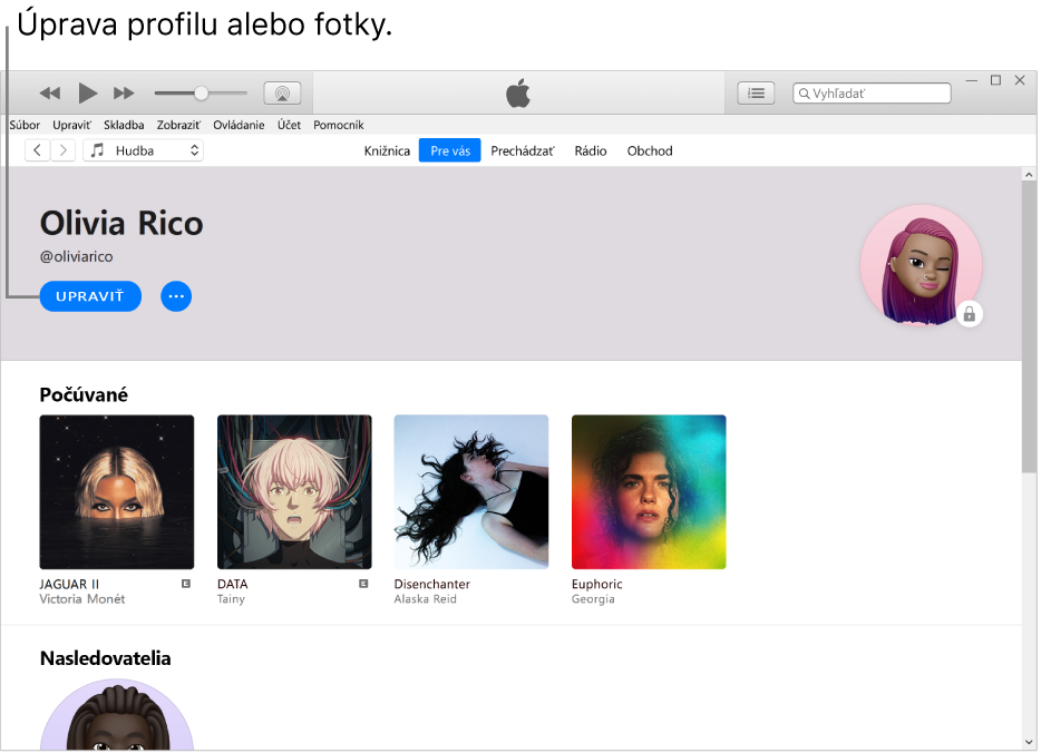 Strana profilu v Apple Music. Ak chcete upraviť svoj profil alebo fotku, kliknite na Upraviť v ľavom hornom rohu pod vaším menom.