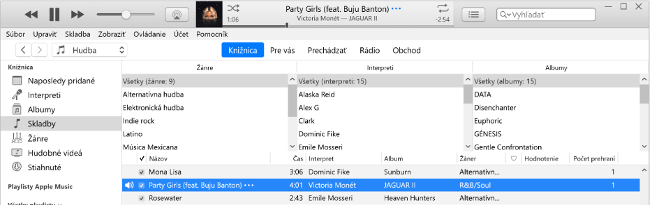 Hlavné okno iTunes: Stĺpcový prehliadač sa je napravo od bočného panela a nad zoznamom skladieb.