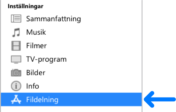 Klicka på Fildelning i enhetens inställningar för att överföra filer mellan datorn och enheten.
