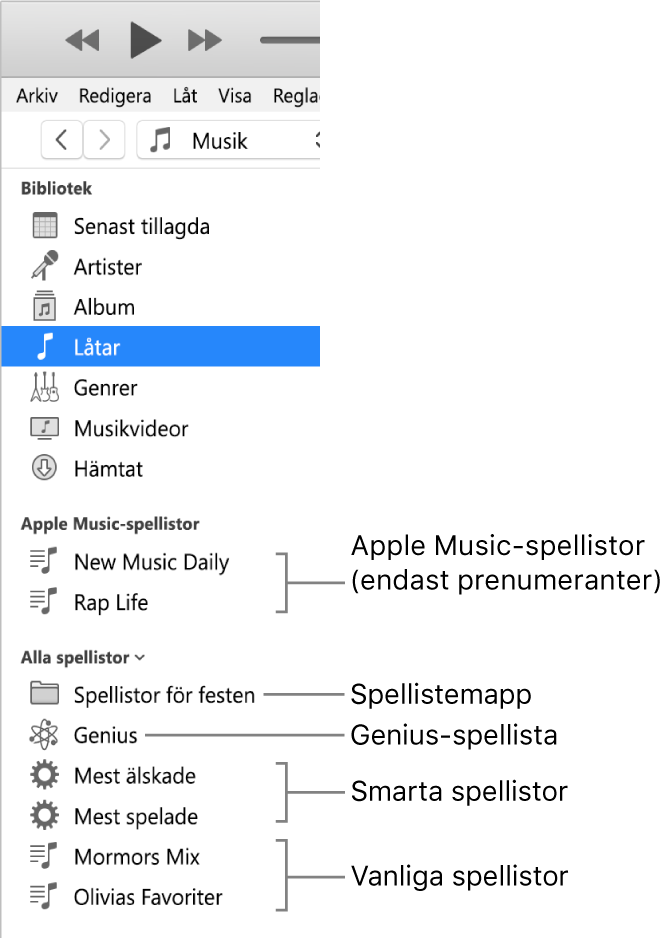 iTunes-sidofältet som visar de olika typerna av spellistor: Apple Music (endast prenumeranter), Genius-spellistor, smarta spellistor och vanliga spellistor samt en spellistemapp.