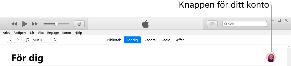 För dig-sidan i Apple Music: I det övre högra hörnet finns knappen Mitt konto.