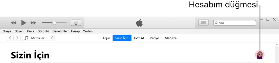 Apple Music’te Sizin İçin sayfası: Sağ üst köşede Hesabım düğmesi bulunur.
