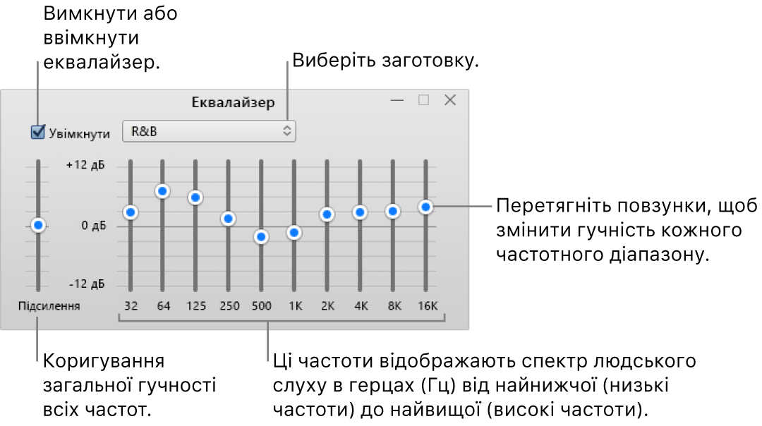 Вікно еквалайзера. Прапорець увімкнення еквалайзера iTunes розташована у верхньому лівому куті. Поруч із нею розміщено спливне меню із заготовками еквалайзера. На лівому краї можна редагувати загальний рівень гучності частот у попередньому підсилювачі. Під заготовками еквалайзера можна коригувати рівень гучності різних діапазонів частот, що представляють спектр звуків, які здатне розрізнити людське вухо (від найнижчого до найвищого).