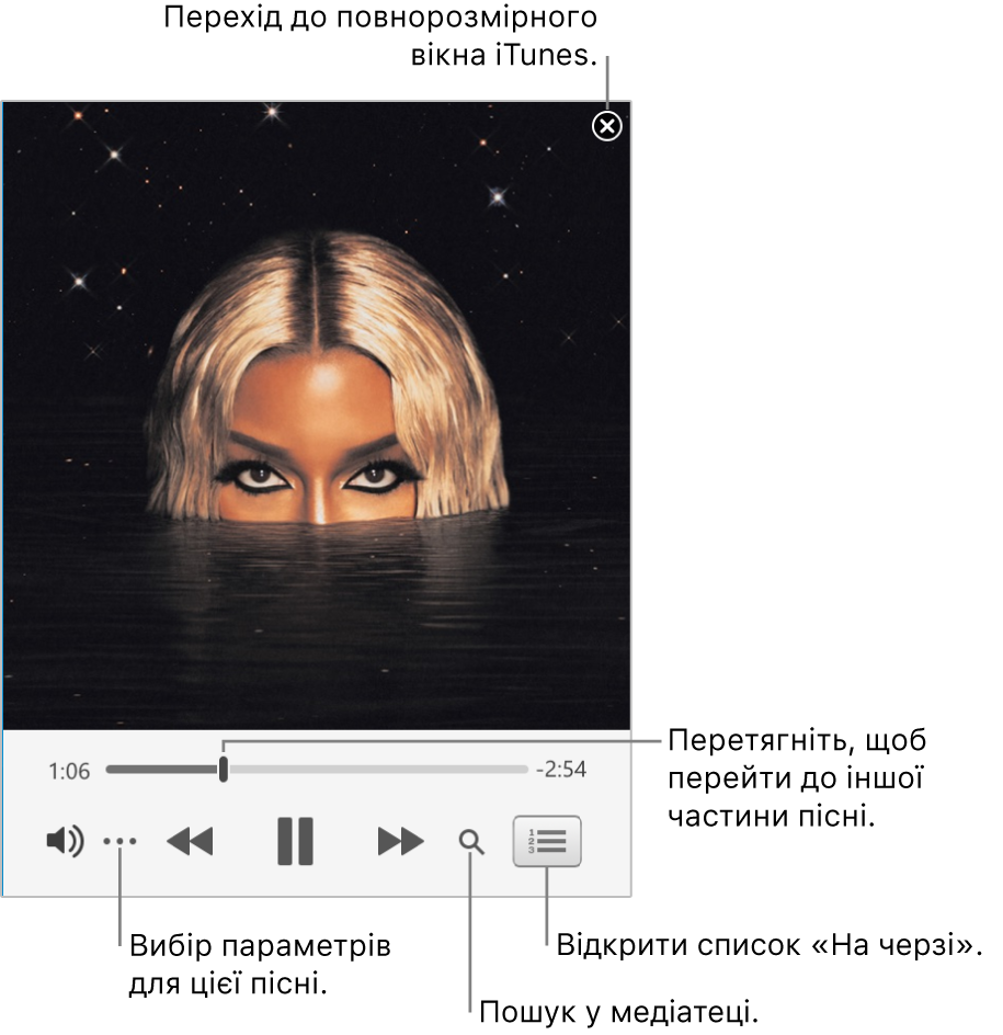 Розгорнутий мініпрогравач з елементами керування відтворюваною піснею. У правому верхньому куті кнопка закриття, за допомогою якої можна перемкнути повне вікно iTunes. Унизу вікна розташовано повзунок, за допомогою якого можна перейти в потрібну частину пісні. Під повзунком ліворуч розташовано кнопку «Більше», за допомогою якої можна вказати зокрема опції перегляду для поточної пісні. На правому краї під повзунком розташовано дві кнопки: збільшувальне скло для пошуку пісень у фонотеці та список «На черзі», у якому можна дізнатися, що зараз відтворюється.