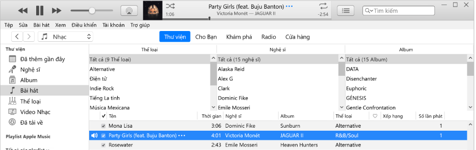 Cửa sổ chính của iTunes: Trình duyệt cột nằm ở bên phải của thanh bên và bên trên danh sách bài hát.