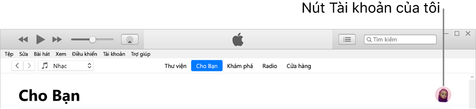 Trang Cho bạn trên Apple Music: Trong góc trên cùng bên phải là nút Tài khoản của tôi.