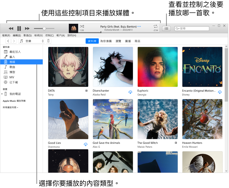 iTunes 資料庫主視窗：在導覽器中，選擇要播放的媒體類型（例如「音樂」）。使用最上方橫幅中的控制項目來播放媒體，以及使用右側的「待播清單」彈出式選單來以不同方式檢視你的資料庫。