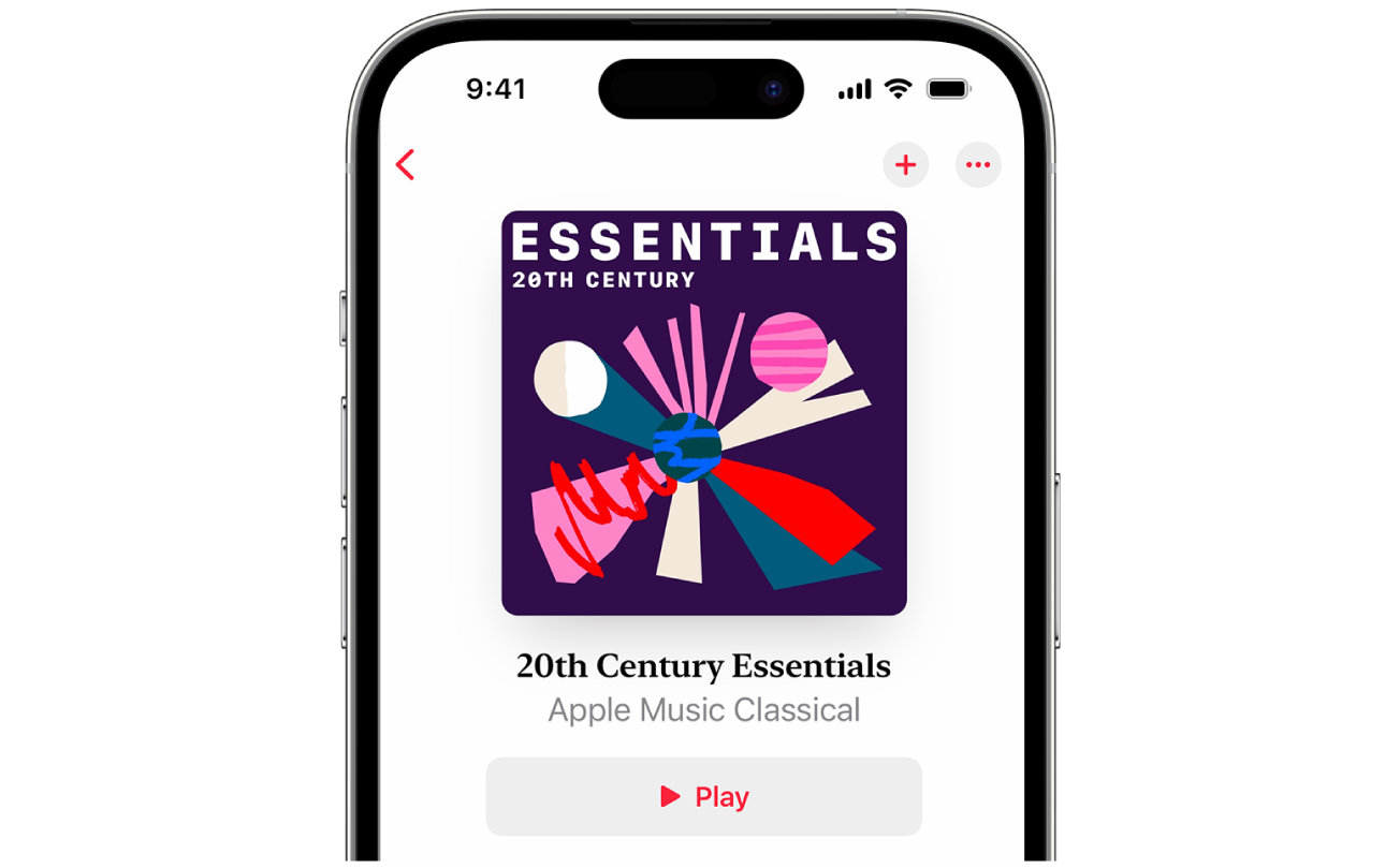 В приложении Apple Music Classical на iPhone показан плейлист, его название, а также кнопка воспроизведения.