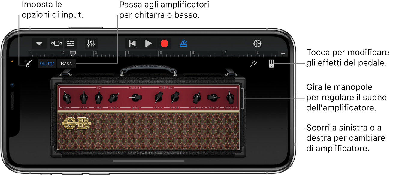Suonare con l'amplificatore in GarageBand per iPhone - Supporto Apple (IT)