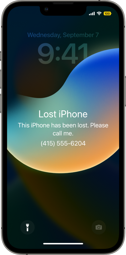 An iPhone Lock screen with the message: “Lost iPhone. This iPhone has been lost. Please call me. (669) 555-3691.”