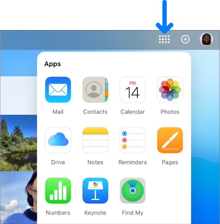 Der App-Starter auf der iCloud-Homepage ist geöffnet und zeigt die folgenden Apps an: Mail, Kontakte, Kalendar, Fotos, iCloud Drive, Notizen, Erinnerungen, Pages, Numbers, Keynote und „Wo ist?“.