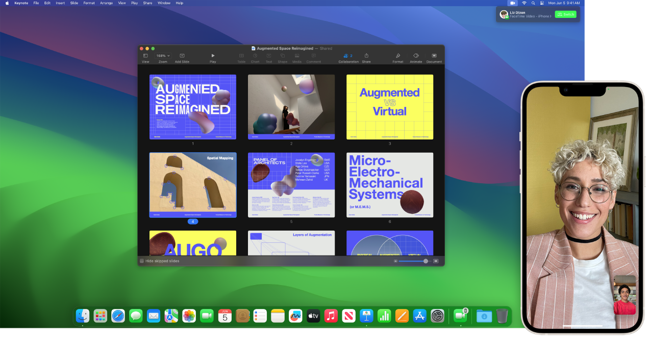 مكالمة فيس تايم على iPhone بجوار سطح مكتب Mac مع نافذة Keynote مفتوحة. في الزاوية العلوية اليسرى من الـ Mac، يوجد زر لتبديل مكالمة فيس تايم إلى الـ Mac.