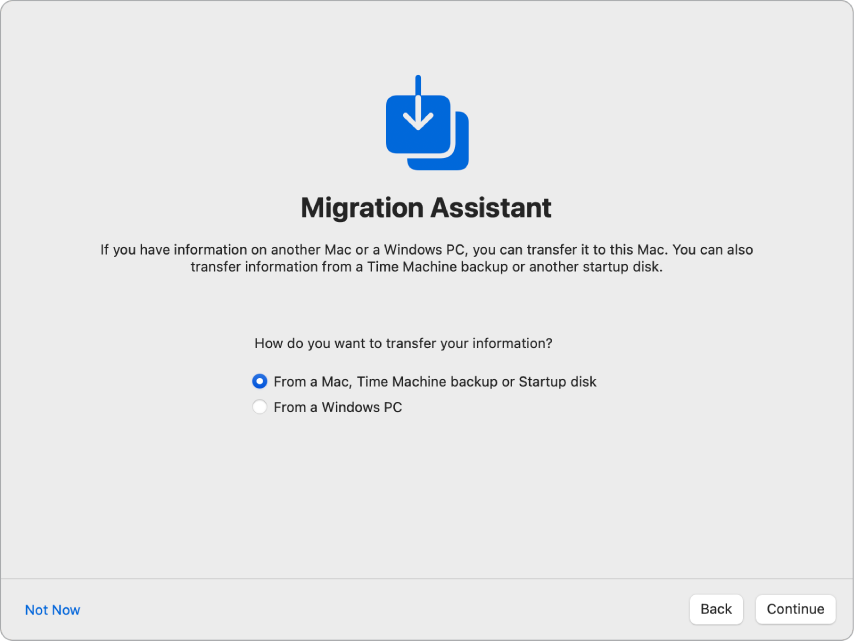 Екран със Setup Assistant (Помощник за настройка), на който е изписано „Migration Assistant”(„Помощник за миграция“). Избрано е полето за маркиране с опция за прехвърляне на информация от Mac.