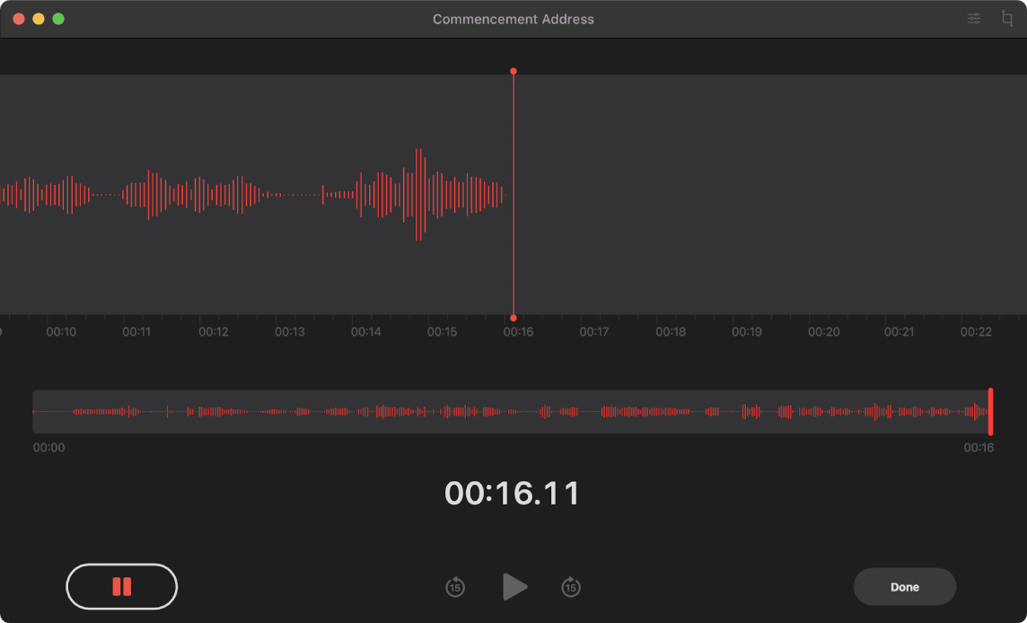 Прозорец на Voice Memos (Гласови бележки), показващ активен процес на записване.