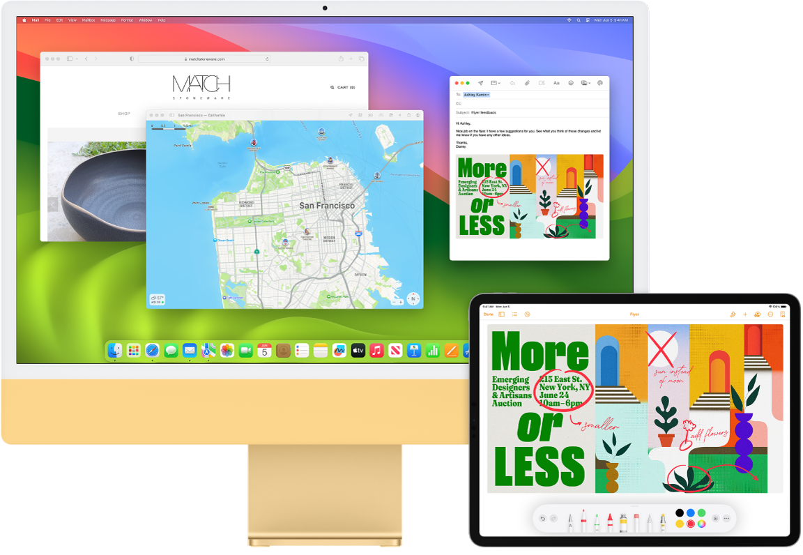 iMac и iPad един до друг. Екранът на iPad показва брошура с анотации. Екранът на iMac има отворено съобщение от Mail (Поща) с прикачен файл брошурата с анотациите от iPad.
