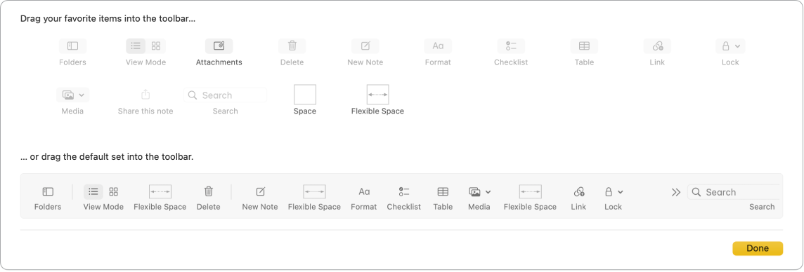 Una finestra de l’app Notes amb les opcions de personalització de la barra d’eines disponibles.
