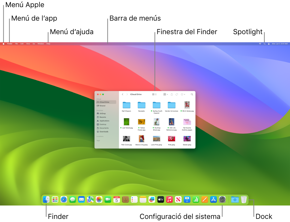Pantalla del Mac en què es veuen el menú Apple, el menú App, el menú Ajuda, la barra de menús, una finestra del Finder, la icona de l’Spotlight, la icona del Finder, la icona de la configuració de sistema i el Dock.