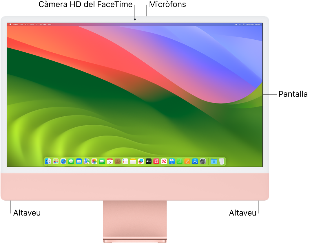 Vista frontal de l’iMac en què es veuen la pantalla, la càmera, els micròfons i els altaveus.
