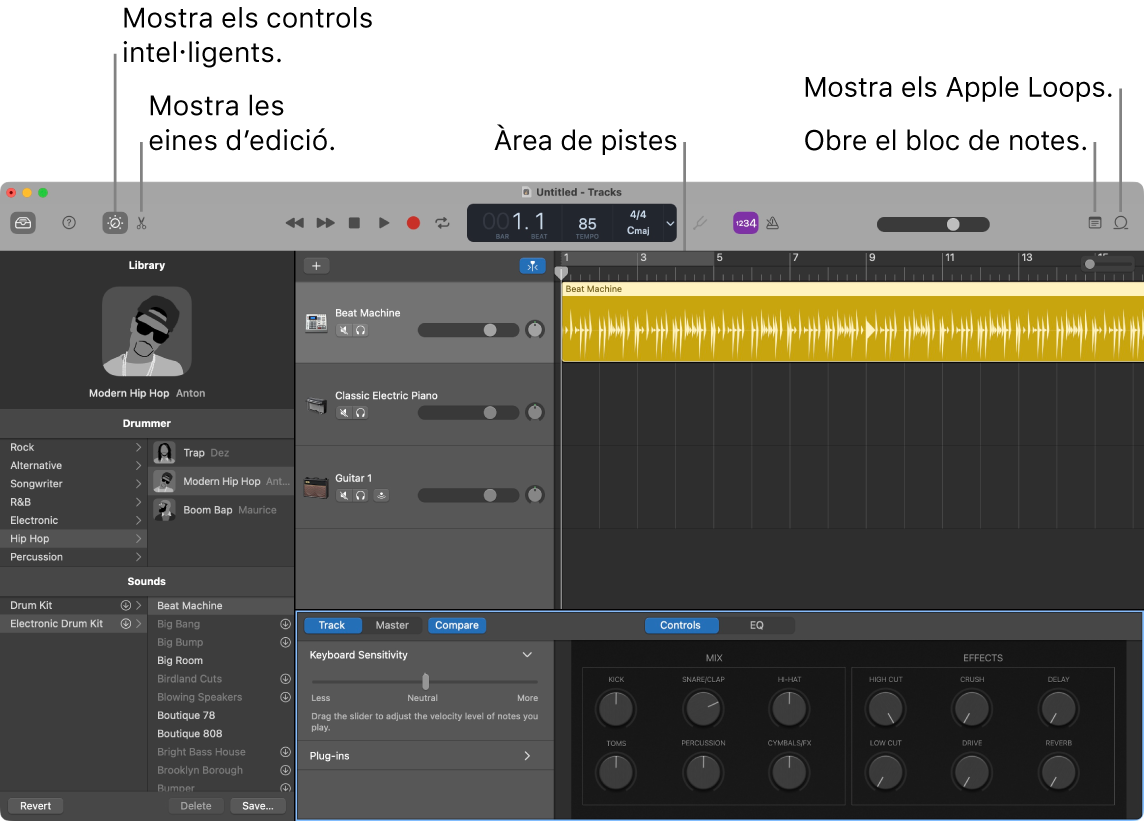 Una finestra del GarageBand amb els botons per accedir als Smart Controls, Editors, Notes i Apple Loops. També mostra la pantalla de pistes.