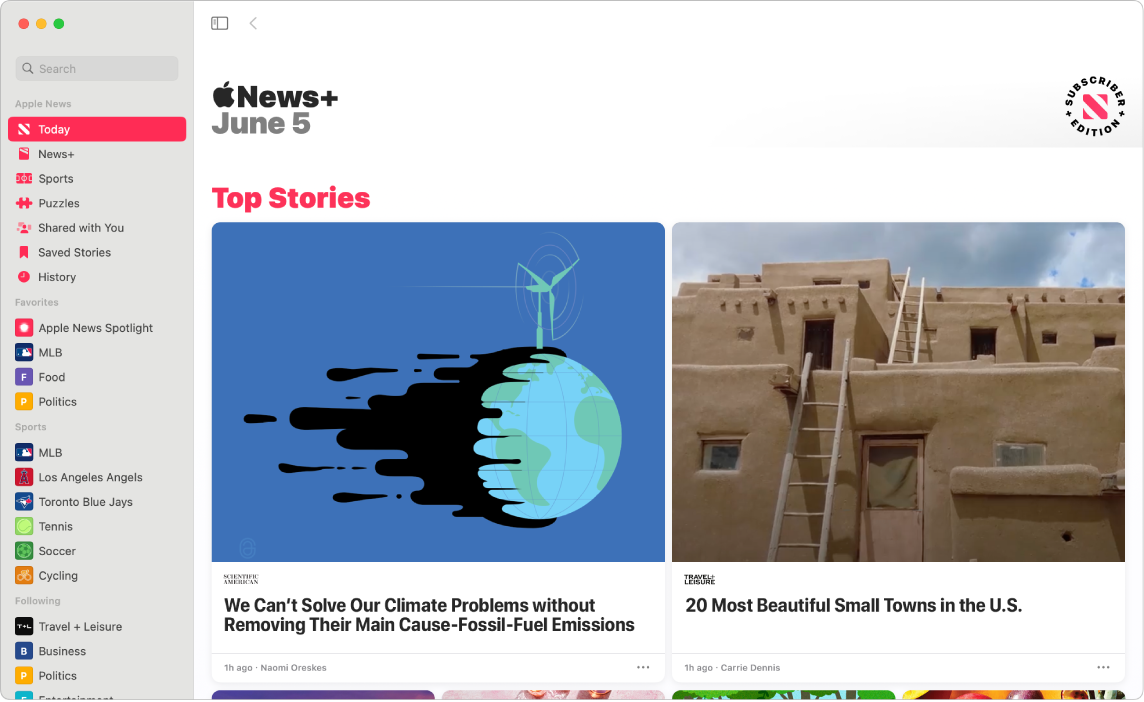 Okno aplikace News se seznamem sledování a zobrazením Top Stories