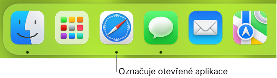 Část Docku s černými tečkami pod otevřenými aplikacemi