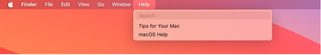 Ein Ausschnitt des Schreibtisch mit dem geöffneten Menü „Hilfe“, in dem die Menüoptionen für die Suche und die macOS-Hilfe zu sehen sind.