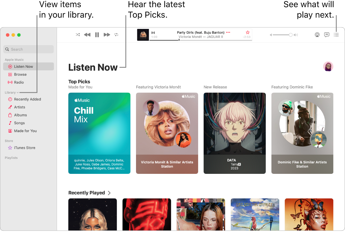 A Music app window showing how to view your library, listen to Apple Music, and see what will play next.