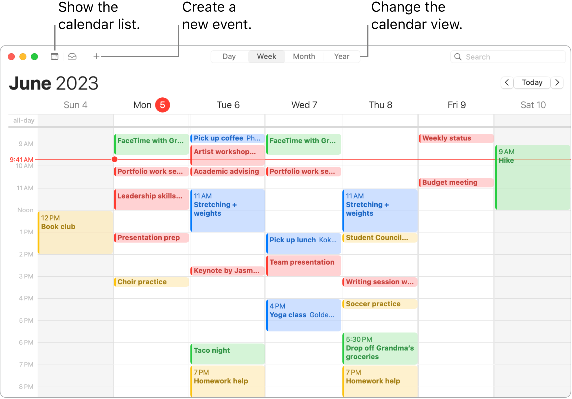 A Calendar window showing the calendar list, how to create an event, and how to choose Day, Week, Month, or Year view.