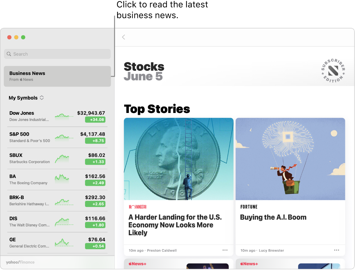 The Stocks dashboard showing market prices in a watchlist with accompanying Top Stories.