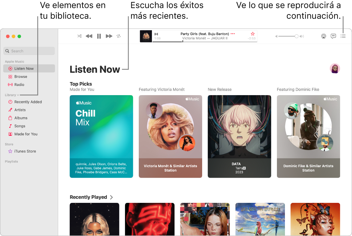 Ventana de la app Música mostrando cómo ver tu biblioteca, escuchar Apple Music y ver lo que se reproducirá después.