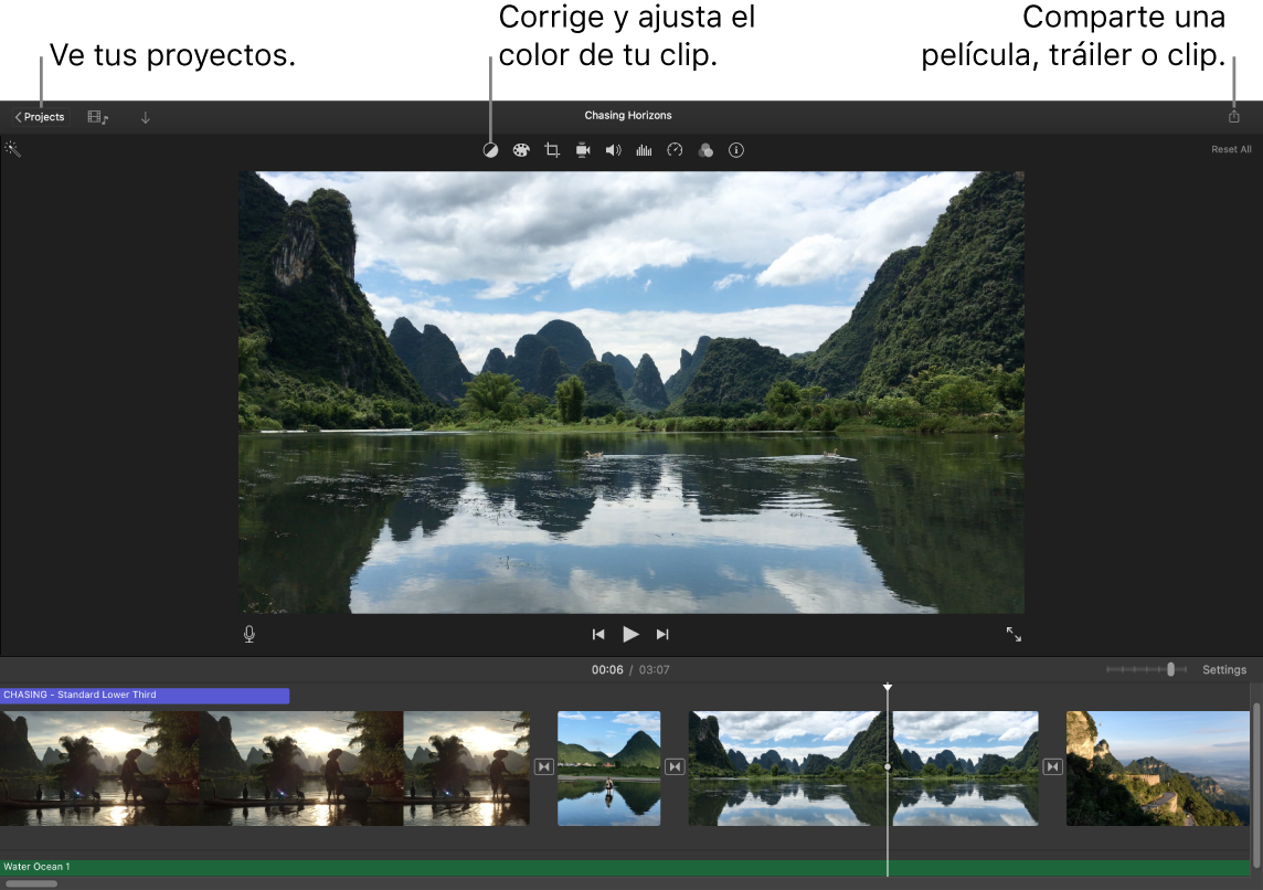 Ventana de iMovie mostrando los botones para ver proyectos, corregir y ajustar el color, y compartir una película, tráiler o clip de video.